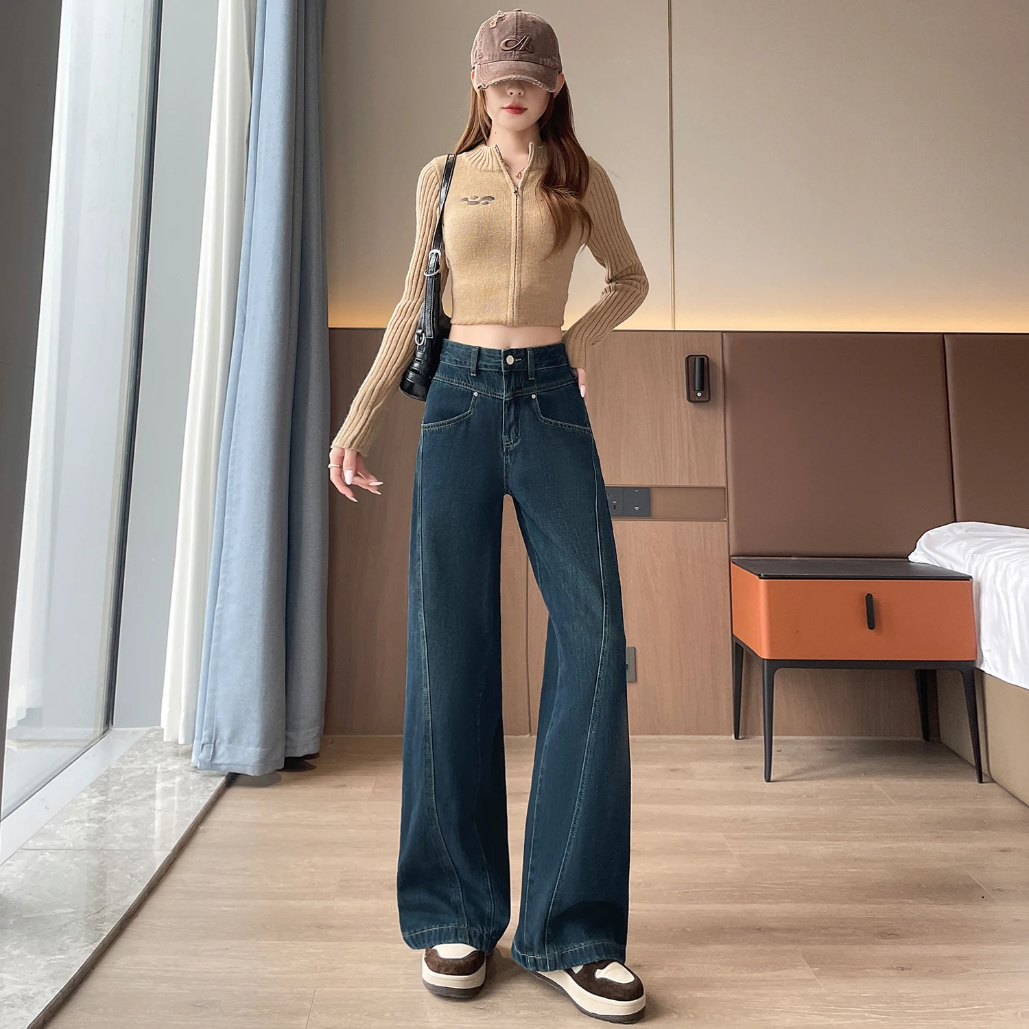 フリース素材のハイウエストジーンズ、レディースアメリカンハイストリートスタイルのストレートレッグパンツ、女の子向けブラックグレーのコントラストカラーワイドレッグトラウザーズ