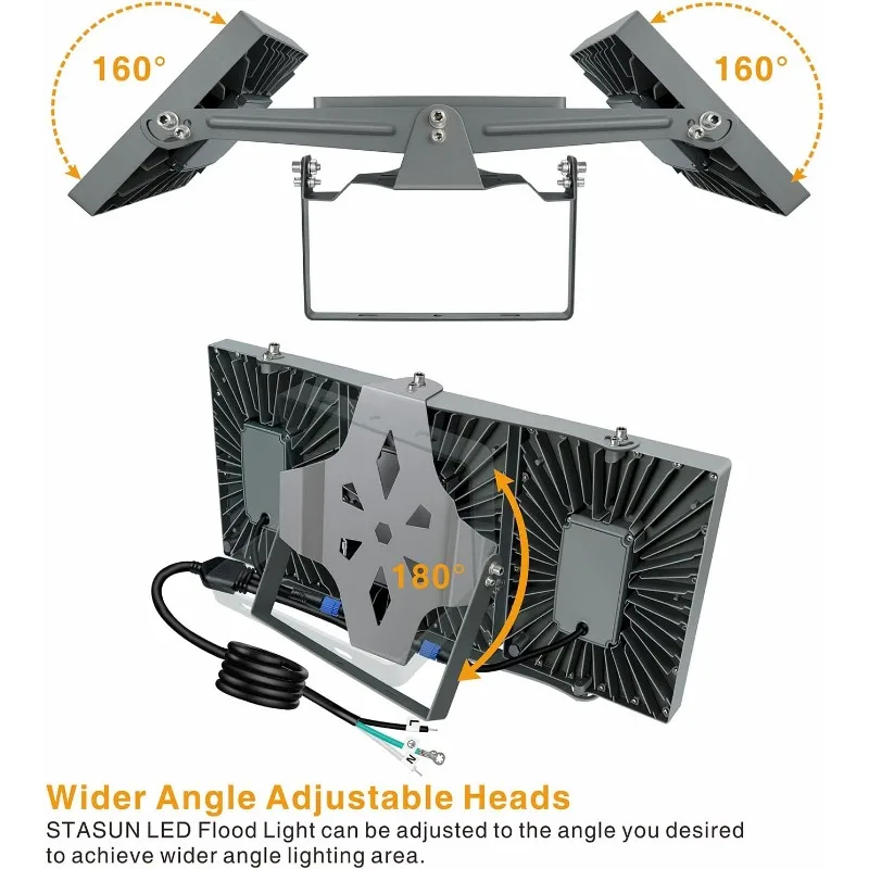 Luz de inundação ao ar livre com cabeças ajustáveis, 330 ° Wide Lighting Angle, 450W, 40500lm, 5000K, 3 cabeças ajustáveis