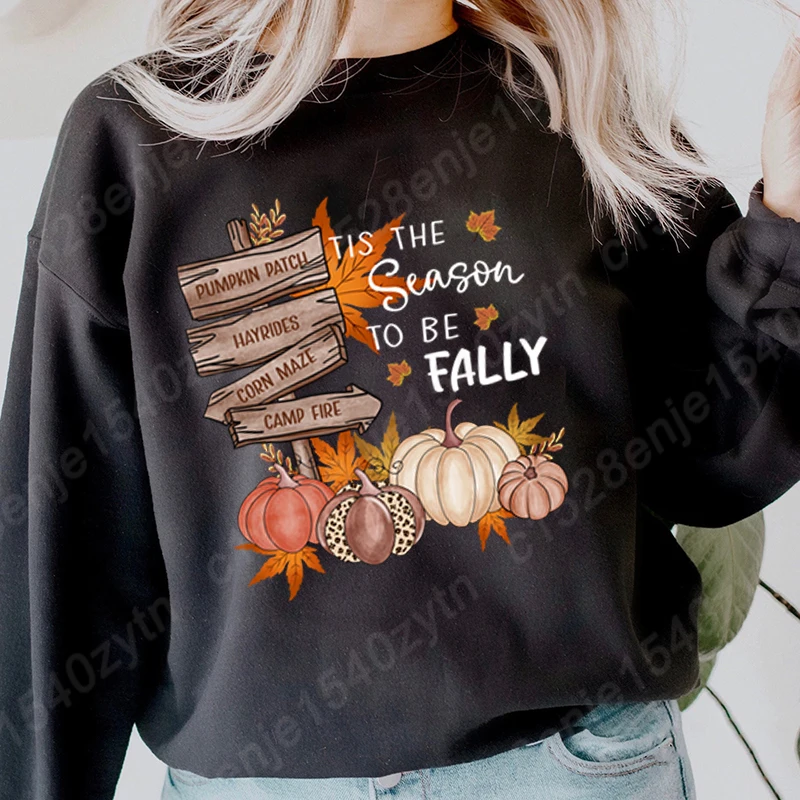 Hoodless Sweatshirt Women Pumpkin Patch Tis The Season To Be Fally Print Crew Neck Pullover Women Pure Color Pullovers Plus Size