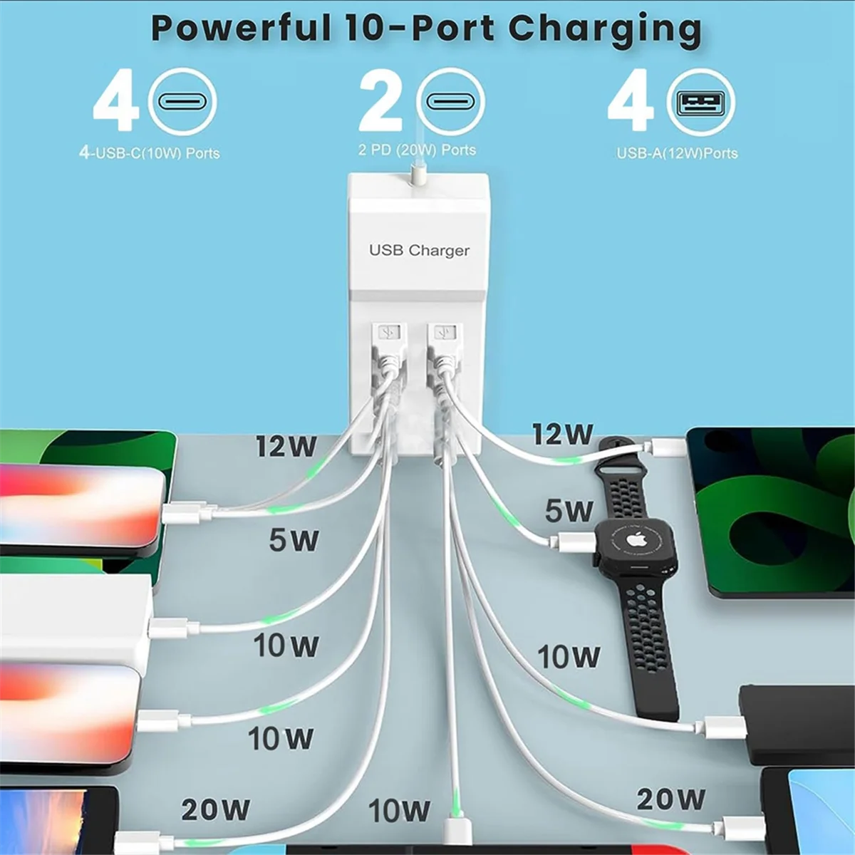 Estação de carregamento usb c de 10 portas, 100w, desktop, usb pd, carregador rápido para vários dispositivos, tira de energia usb rápida, plugue ue