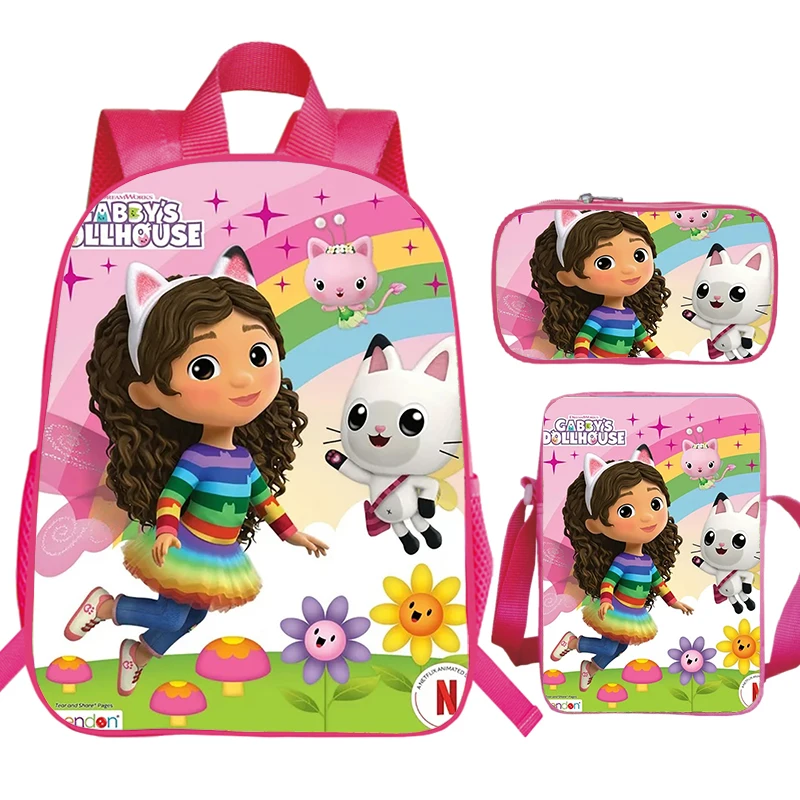 3pcs Set Gabby\'s Dollhouse Prints Backpack for Primary School Girls Pink Bag Pack Cute Gabby Bookbag Softback Kids School Bags