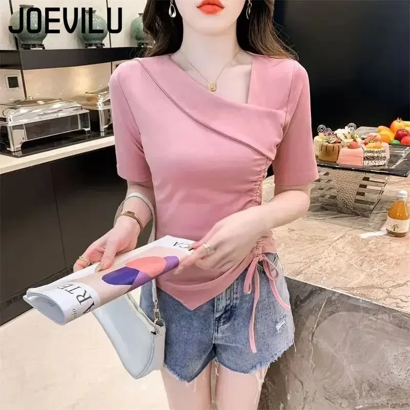 Chic Short Sleeved T-shirt V-neck Slimming Irregular Drawstring Design Crop Tops Women\'s Summer Korean Elegant Asymmetric Blouse