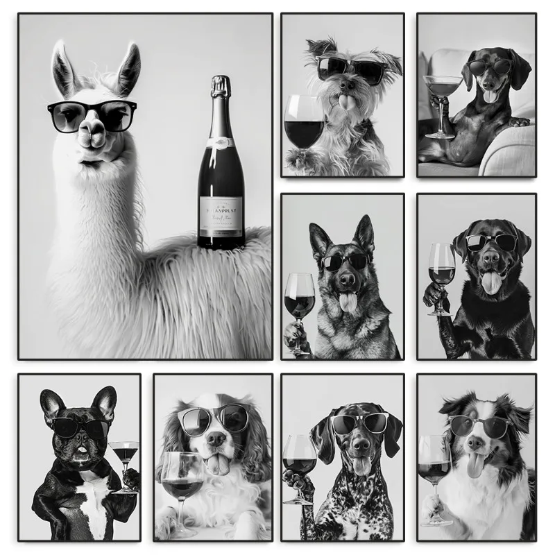 Black and White Funny Animal Poster Drinking Dog and Wine Glasses Canvas Painting Pet Wall Art Kitchen Room Home Decor Mural