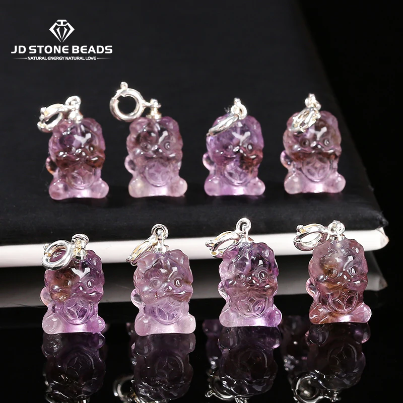 1 Pc Natural Amethyst Carved Devouring Beast Copper Buckle Pendant Wealth Charms For Jewelry Making Diy Necklace Bracelet