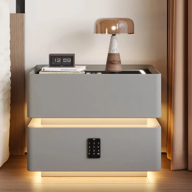 โต๊ะข้างเตียงอัจฉริยะทันสมัยพร้อมโคมไฟ ทำจากไม้เนื้อแข็ง ตู้เก็บของในห้องนอนสไตล์มินิมอลทันสมัยพร้อมสัมผัสแห่งเทคโนโลยี