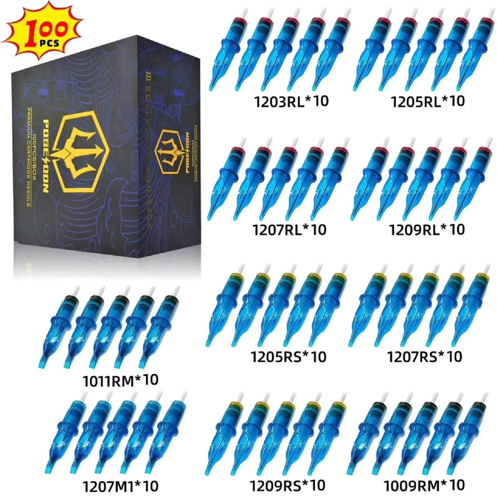 100PCS Mixed Tattoo Needle POSEIDON V3 Professional Cartridge Needles Safety Cartridges Disposable Tattoo Needles For Tattoo Pen