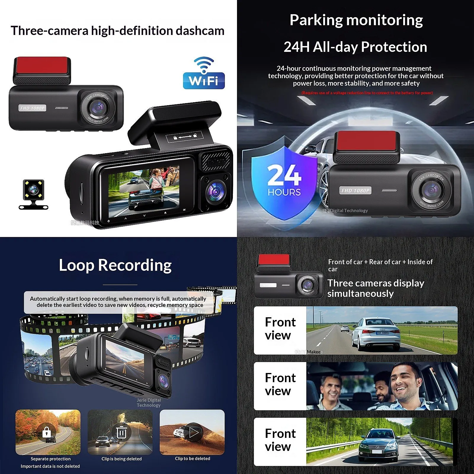 HD Triple Lens Dash Cam 3 Channel Front Rear Inside Car Camera Recorder view 6