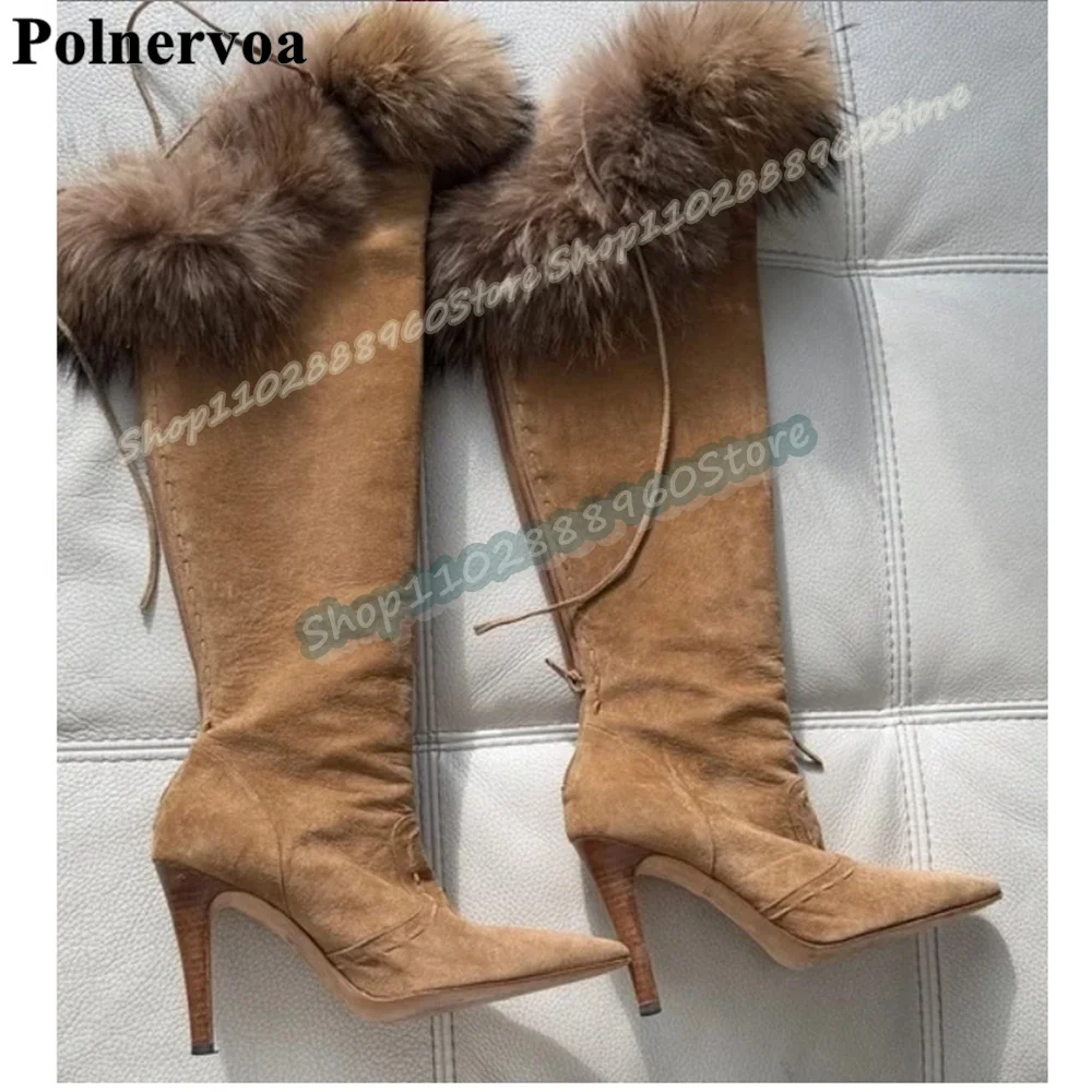 

Knee High Brown Beveled Fur Pointy Boots Stilettos High Heel Shoes For Women Back Zipper Pointed Toe Fashion Party Women Boots