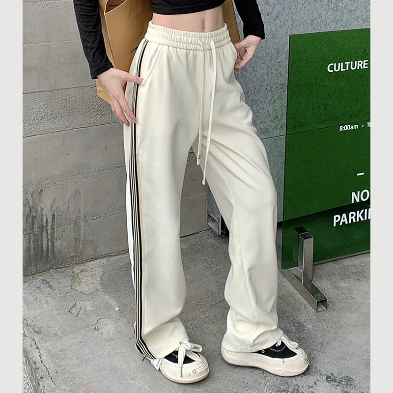 

Gidyq Autumn Women Wide Leg Pants Korean All Match Stripe Loose Casual Pants High Waist Female Streetwear Straight Pants New