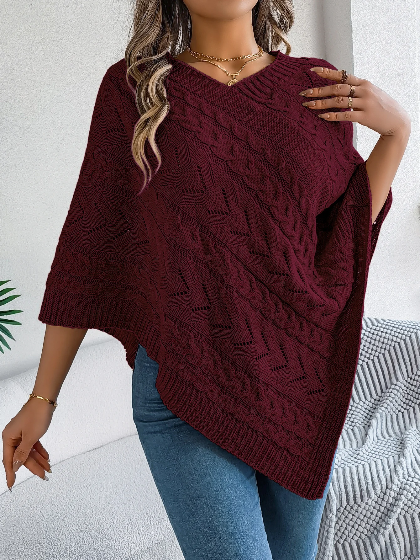 Women's Winter V-Neck Bat Sleeve Cape Casual Pullover Sweater Coat