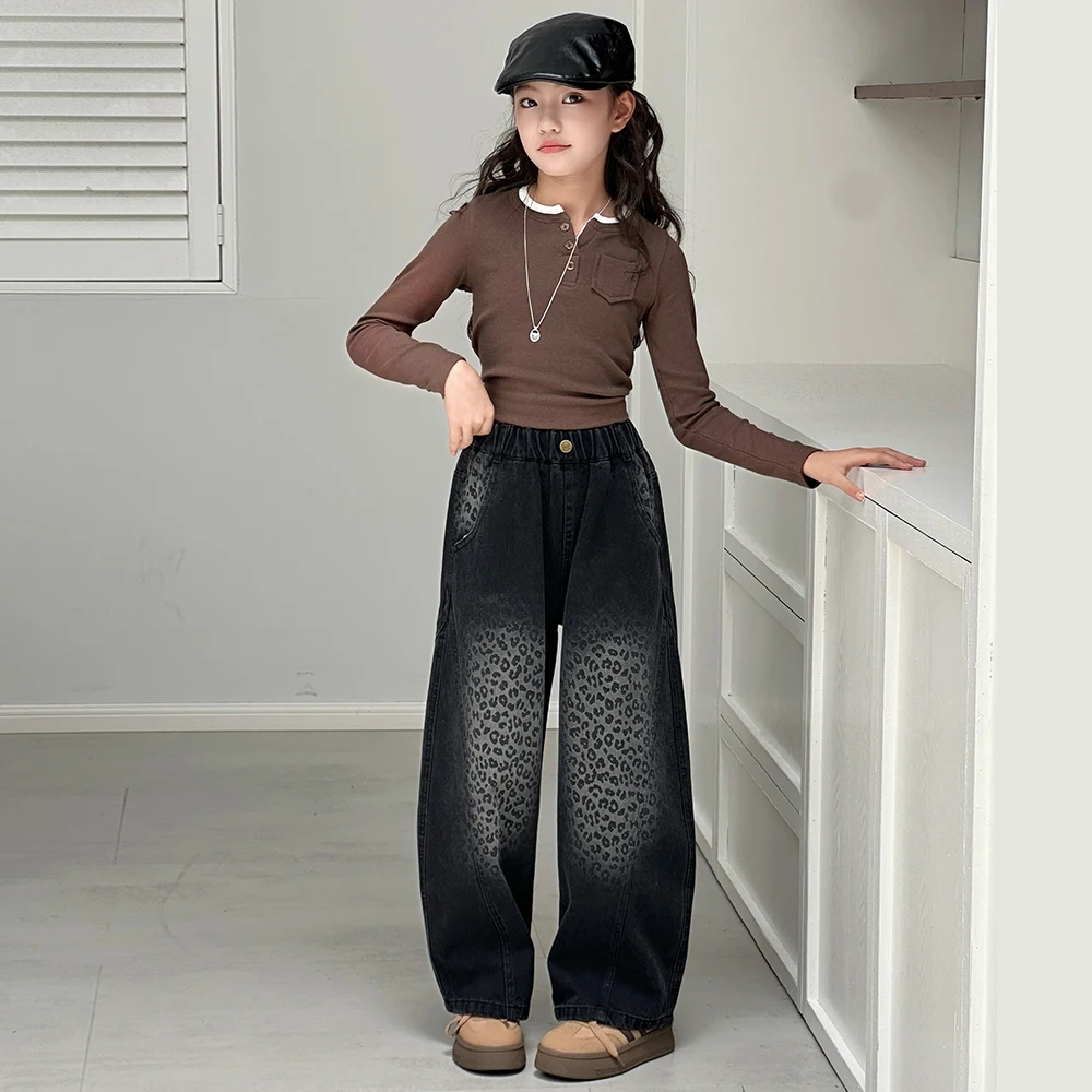 Girls Jeans with Leopard Printed Kid Spring Autumn Gradient Trousers TeenS Children's Retro Straight Leg Loose Denim Pants 4-14Y