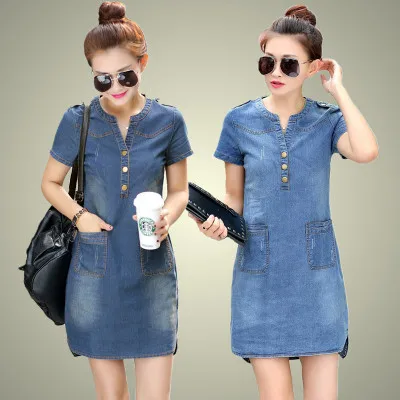 Korean Short Sleeve Denim Dress for Women Loose Plus Size A-line Dress Elegant Botton Pullover Summer Dresses Woman Clothing