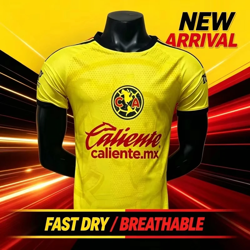 26-27 Mexico Club America Yellow Soccer Jersey Caliente Print Fast Dry Adults-kids Football Short Sleeve Match Training Uniform