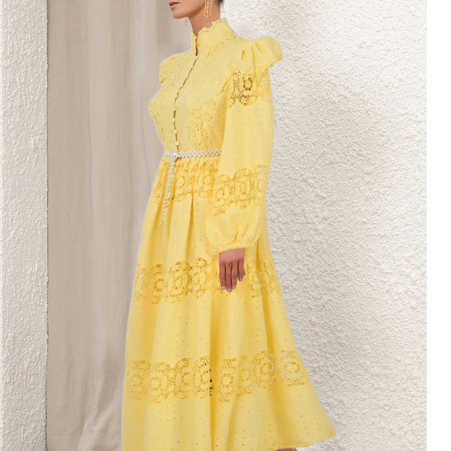 

Faionable Artistic Embroidered Hollow out Long Sve Dr Pearl Belt Pure Color A-Line Skirt Polyester Fiber Spring Summer