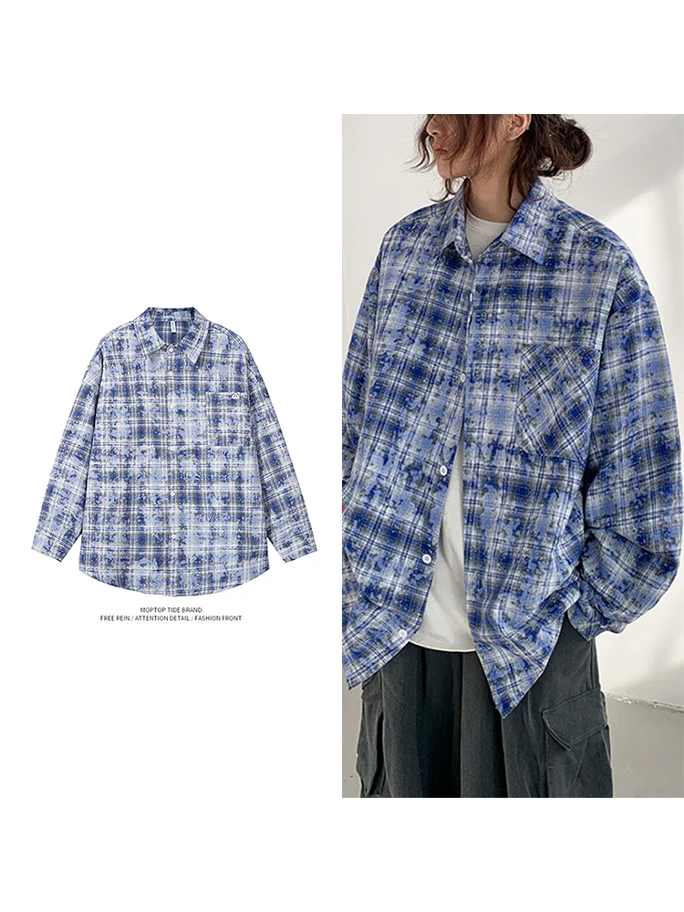 

Loose Fit Men's Long Sve irt Tie Dye Plaid Spring Autumn New Sle Casual Faion Outerwear irt Youth Polyester Fiber