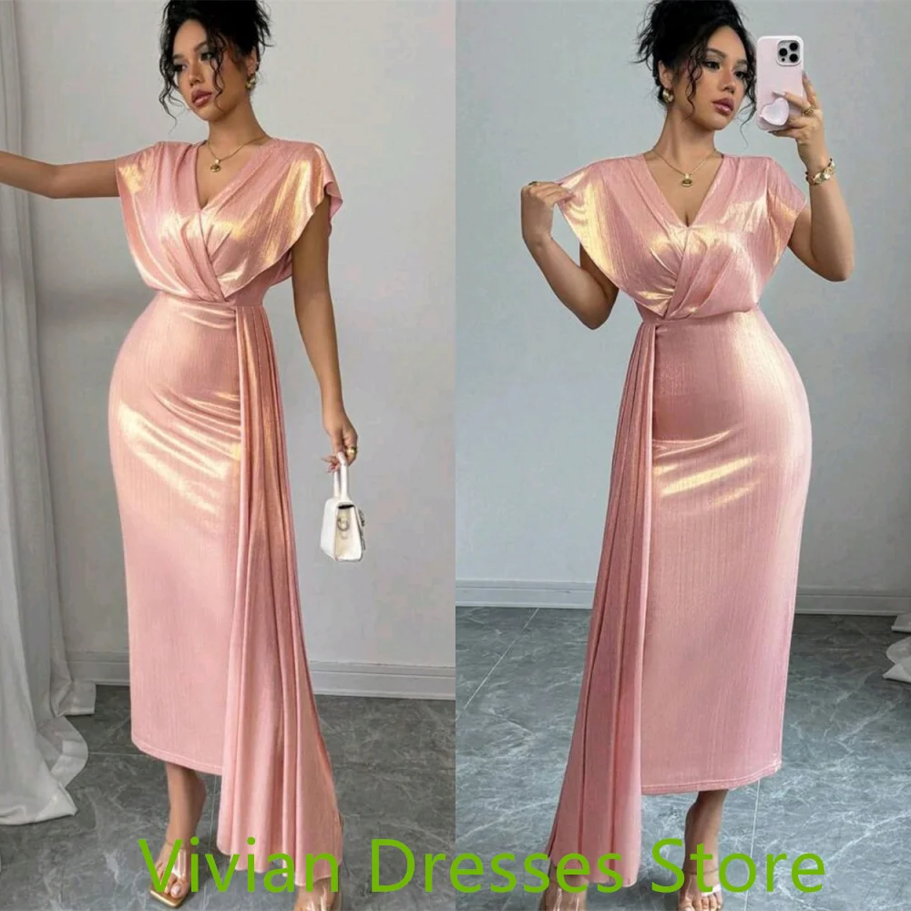Customized  Sparkly pink Satin Cocktail Dress Exquisite V-Neck Cap Sleeve Half Sleeves Panel Train Mermaid Zipper Back Party Dre