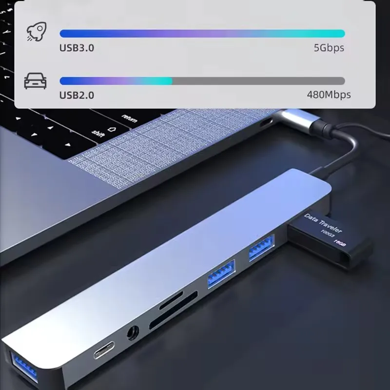 8 In 2 USB C Hub Expander Multiport Adapter Type C Splitter Dock USB 3 Port For Xiaomi Phone Tablet Fast Data Transfer Charging