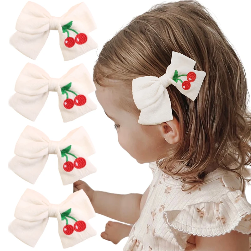 

ncmama Cherry Embroidered Hair Bow Clips for Kids Girls Cute Handmade Bowknote Hairpin Children Headwear Japan Hair Accessories