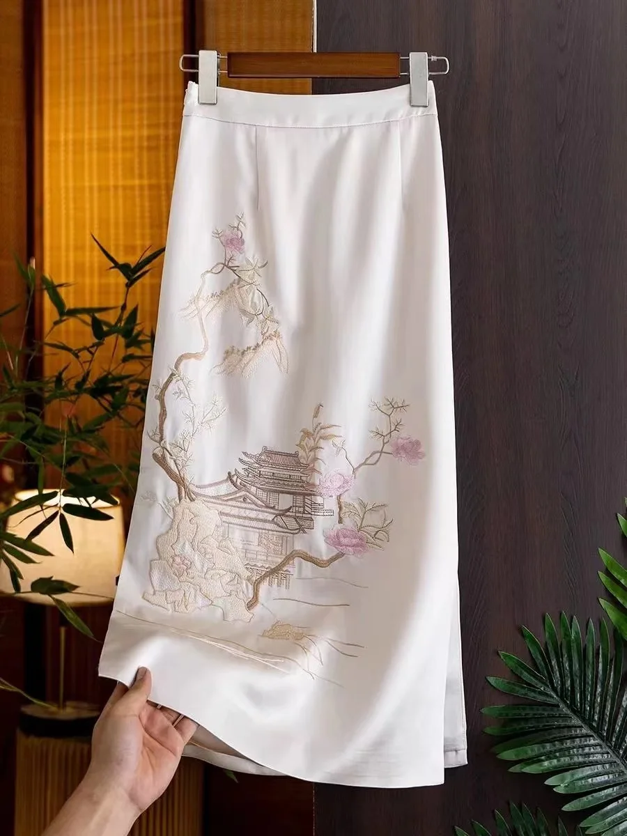 

New In Embroidery Chinese Style Skirt for Women Autumn 2023 Acetic Acid A-line Retro Split Mid Length Skirt