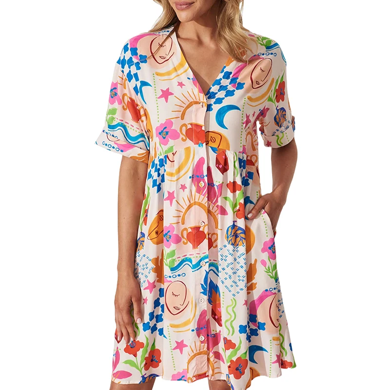 Robe courte à imprimé amusant pour femmes, robe de bébé beurre, poche décontractée, simple boutonnage, vacances, été, 2024