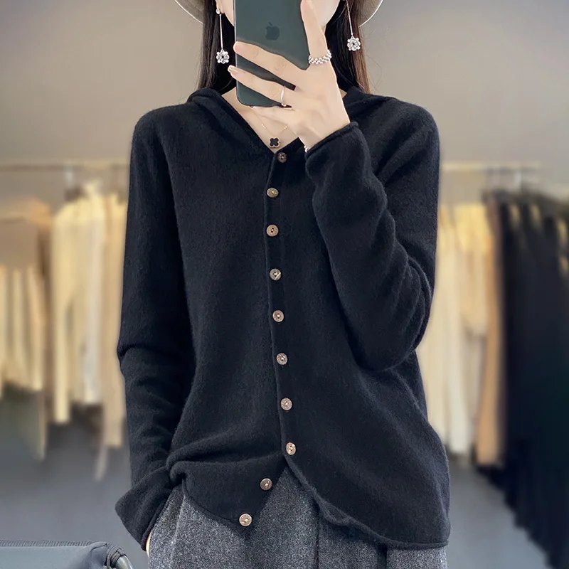 100% Merino Wool Sweater Cardigan Women Korean Fashion Coat Solid Color Top 2024 Spring/Autumn/Winter Women Hooded Cardigan