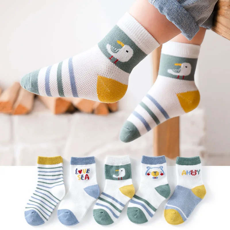 Baby Socks Summer Thin Mesh Cotton Socks Girls Boys Cartoon Pattern Kids Hollow Socks 5pairs/bag