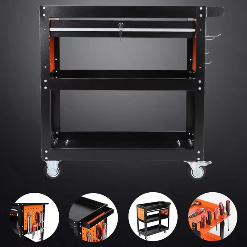 3 Tier Rolling Tool Utility Cart Heavy Duty Workshop Mobile Wheeled Car Electrician Hardware Cart With Drawer Hooks Tool Trolley