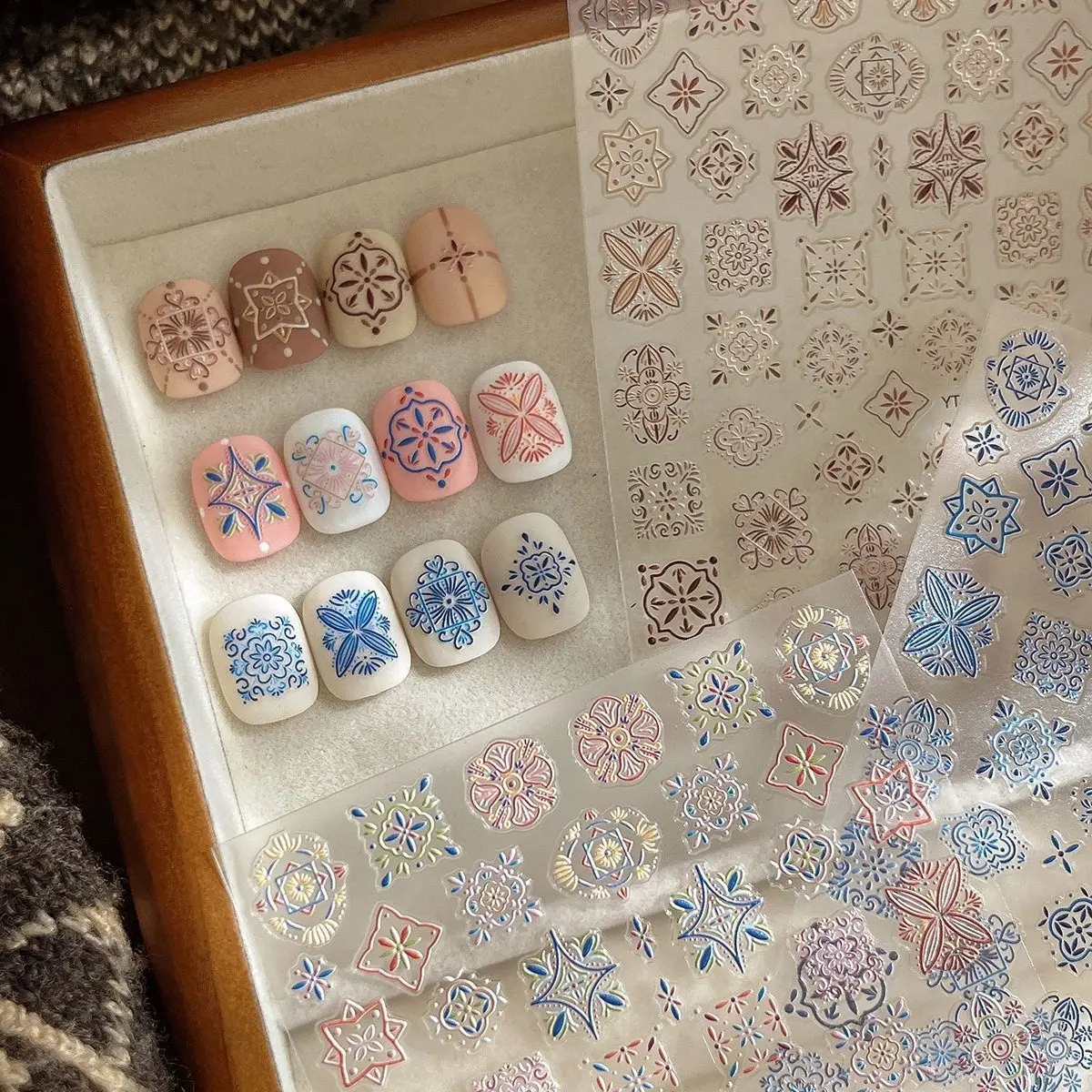 5D Stereo Embossed Boho Nail Stickers Self Adhesive Retro Floral Embroidery Nail Art Decoration