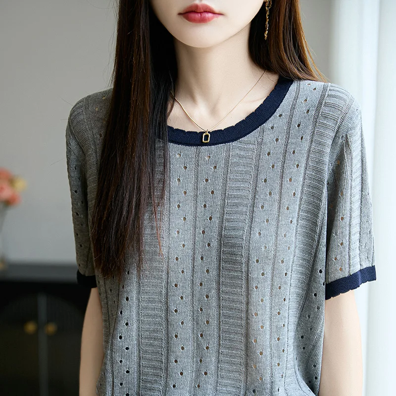 ฤดูร้อนคลาสสิกถักผู้หญิงเสื้อสวมหัวรอบคอเสื้อแขนสั้นนุ่มระบายอากาศได้คุณภาพสูงแฟชั่นยอดนิยม