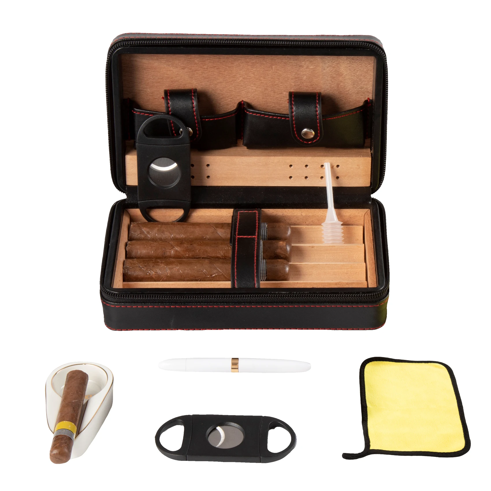 7 in 1 Cigar Accessories Set Black Leather Cedarwood Cigar Humidor Portable Travel Cigar Humidifier Cigar Tube Case