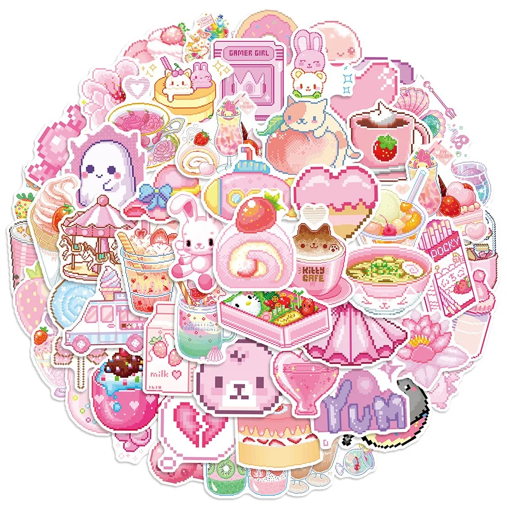 

10/60pcs INS Style Cute Pink Pixel Cartoon Aesthetic Stickers Laptop Phone Scrapbook Notebook DIY Girls Kawaii Sticker Kid Toy