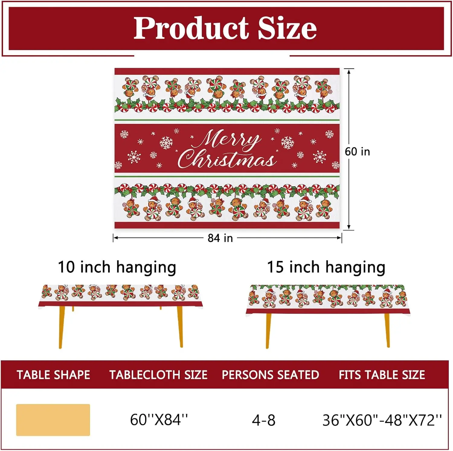Christmas Gingerbread Candy Holly Red Berry Rectangle Tablecloth Table Decor Winter Dining Table Runner Christmas Decorations