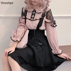 Kawaii Lolita Black Pink Shirts Y2k Aesthetic Japanese Women Gothic Lace Ruffles Long Sleeve Blouses Elegant Girls Sweet Tops