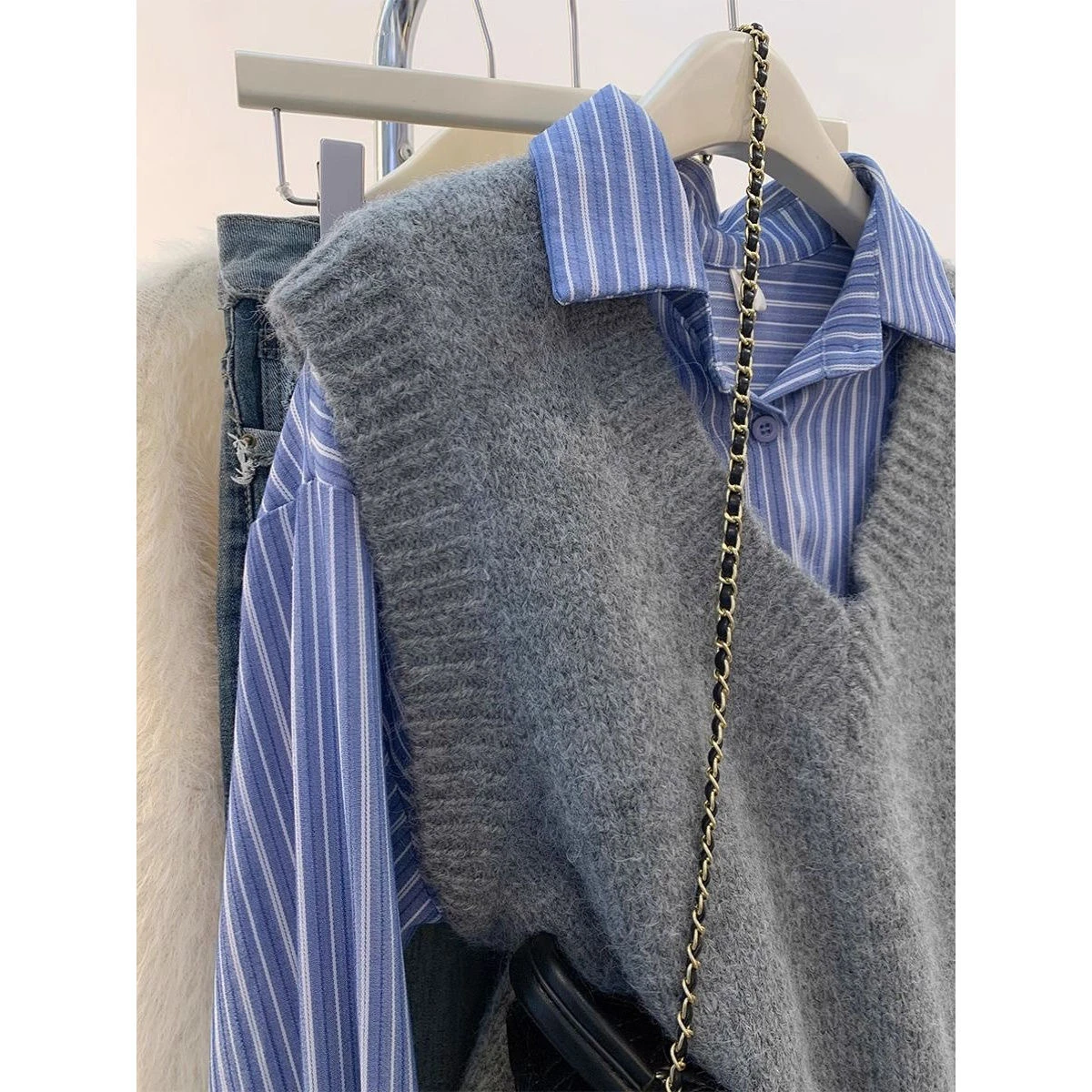 

Blue Striped irt Vest Set Women's Long Sve Top Outerwear Trendy Lazy Sle Spring Autumn New Arrival Two-Piece Ensemble
