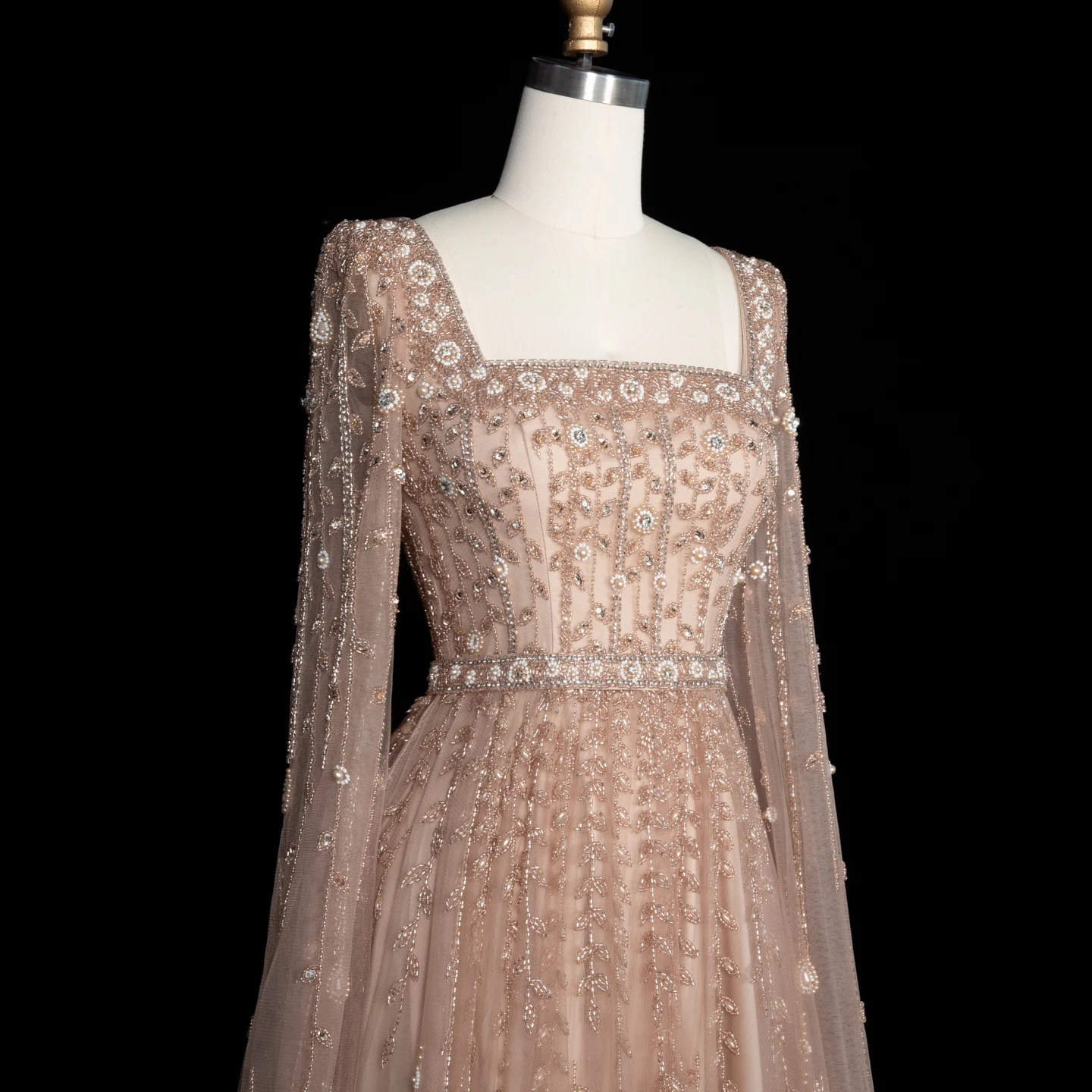 Sharon Said Luxuriöses Flieder-Champagner-Abendkleid mit Quadratischem Ausschnitt und Ärmeln, Rosa Muslimisches Abendkleid für Hochzeitsfeier, SS494 Maßanfertigung – Detail 18
