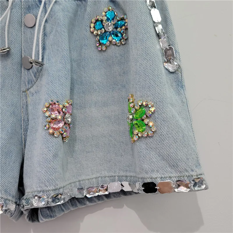 Imagem -06 - Streetwear Mulher Flor Strass-embutido Azul Calças de Brim Curtas 2023 Verão Novo Solto Elástico Cintura Alta Denim Perna Larga Shorts