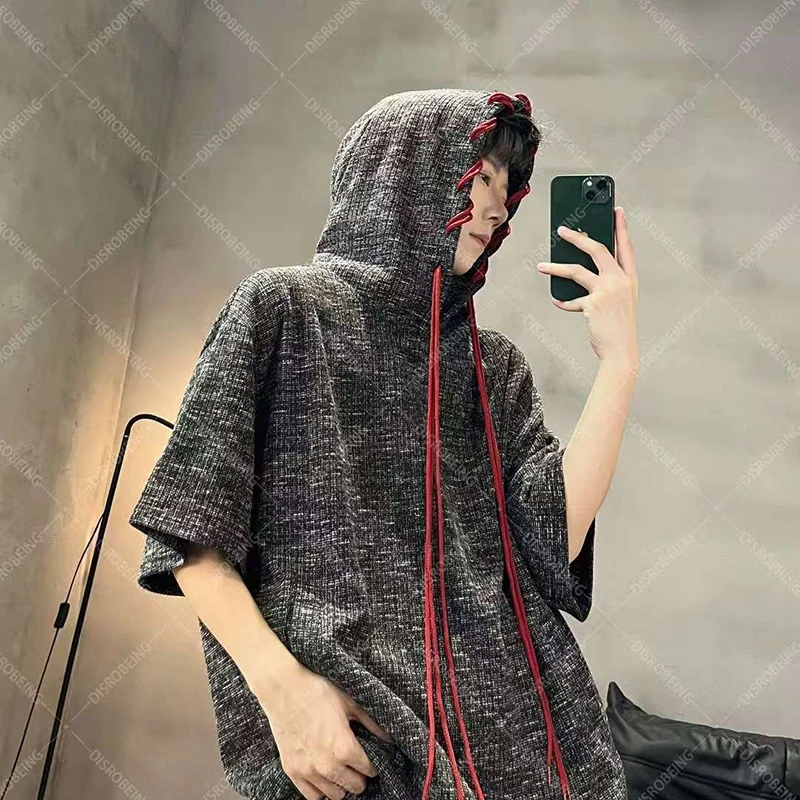 

2026 Summer Men's Hooded Short Sleeve T-Shirt American Loose Casual Streetwear Red Drawstring Tweed Pullover Tops New Sportswear
