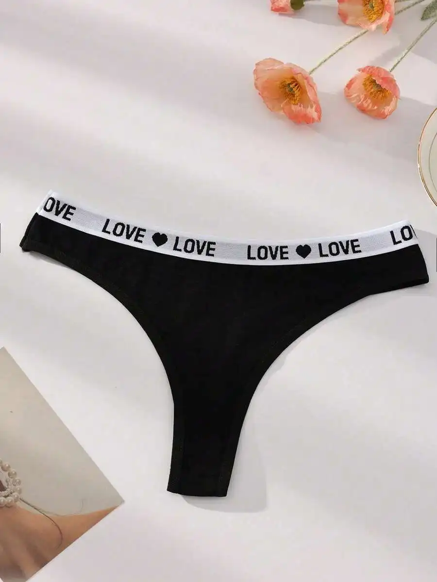 

Black Low Waist Thong With LOVE Letter Ribbon Cotton Blend Comfortable Womens Underwear