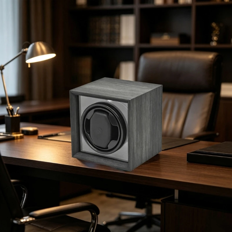 T4MD Automatic Watch Winder Single Watch Display Box with Blue Interior Light, Black Finish Case, USB Powered Storage for