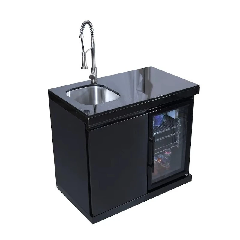 Hot selling black marble countertop stainless steel outdoor kitchen cabinet with barbecue sink and refrigerator