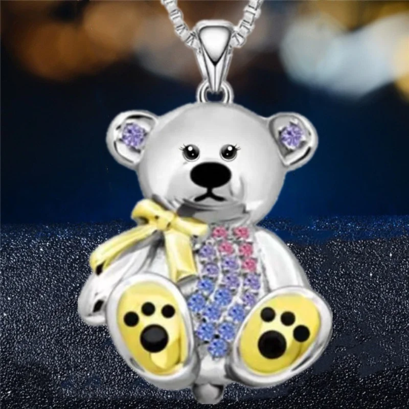 Luxury Fashion Bear Necklace Colorful Bear Pendant Lovely Animal Jewelry Necklace for Women Party Birthday Anniversary Gift