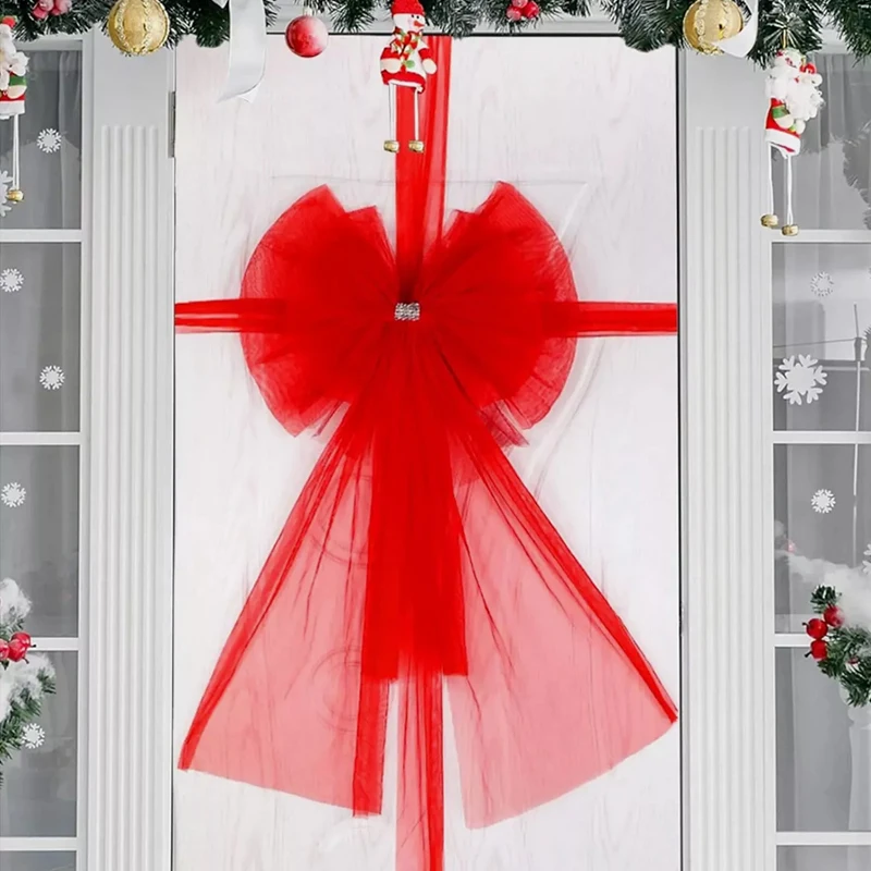 

Extra-large Red Bow Christmas Tree Fireplace Home Front Door Decor Bows Hanging Ornaments Double-layer Organza Yarn Wreath