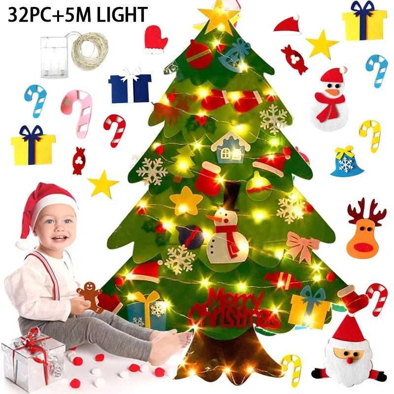 Kids DIY Felt Christmas Tree Toy Wall Hanging Artificial Xmas Tree with Snowman Ornament New Year Boys Girls Gift 32Pcs Ormants