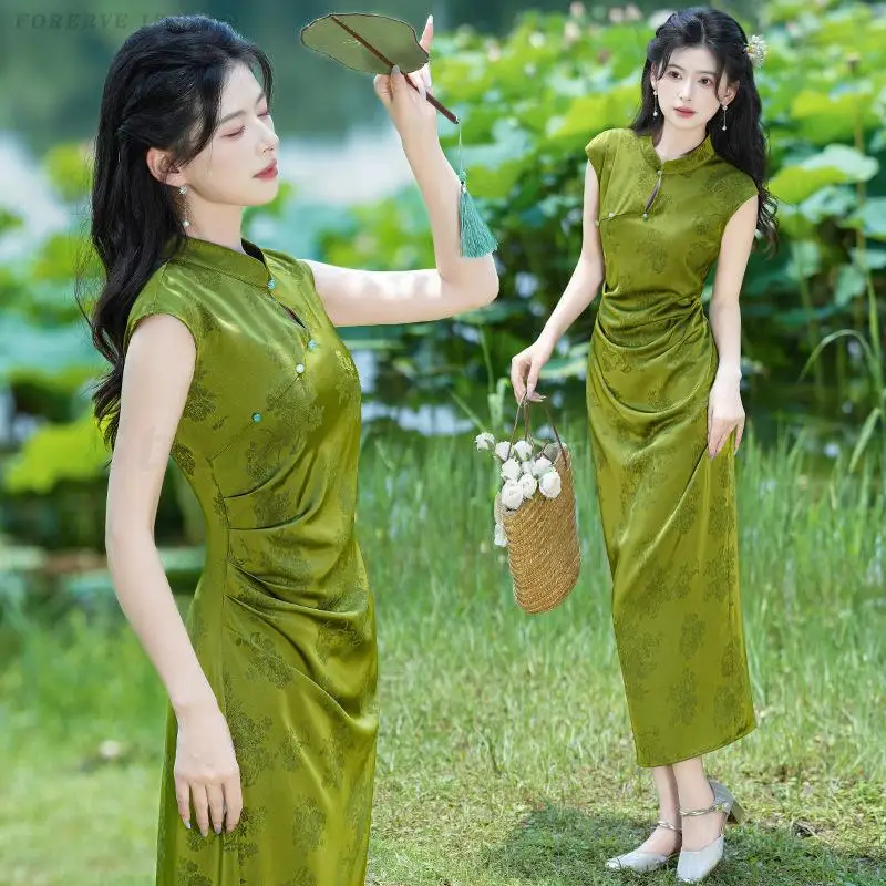 

Green Gentle Cheongsam New Chinese Style Oriental Qipao Summer Sleeveless Jacquard Dress Sexy Slim Elegant Evening Party Gown