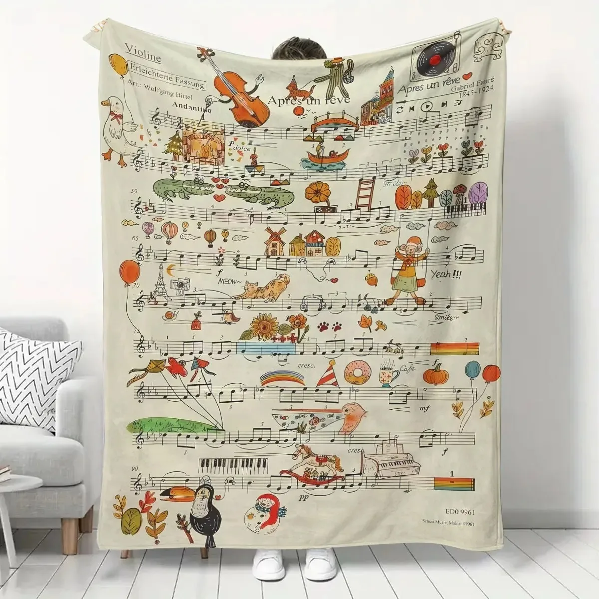 

Плед из фланели с принтом нот, мягкий и уютный, для дивана, кровати, путешествий, идеальный подарок для любителей музыки