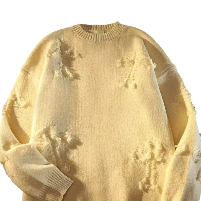 Autumn And Winter Ripped Sweater Men's Round Neck Pullover Fashionable High Street American Retro Japanese Cotton Youth Knitwear