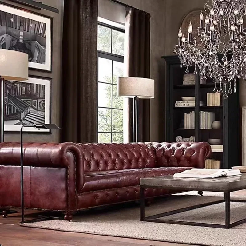 American retro leather sofa, first-layer cowhide large living room villa straight-breasted European oil wax leather sofa