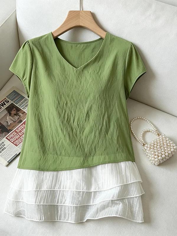 

Summer New plus Size Korean Style V-Neck Puff Sleeve Casual Shirt Color Block Short Sleeve Belly Concealing Chic Top