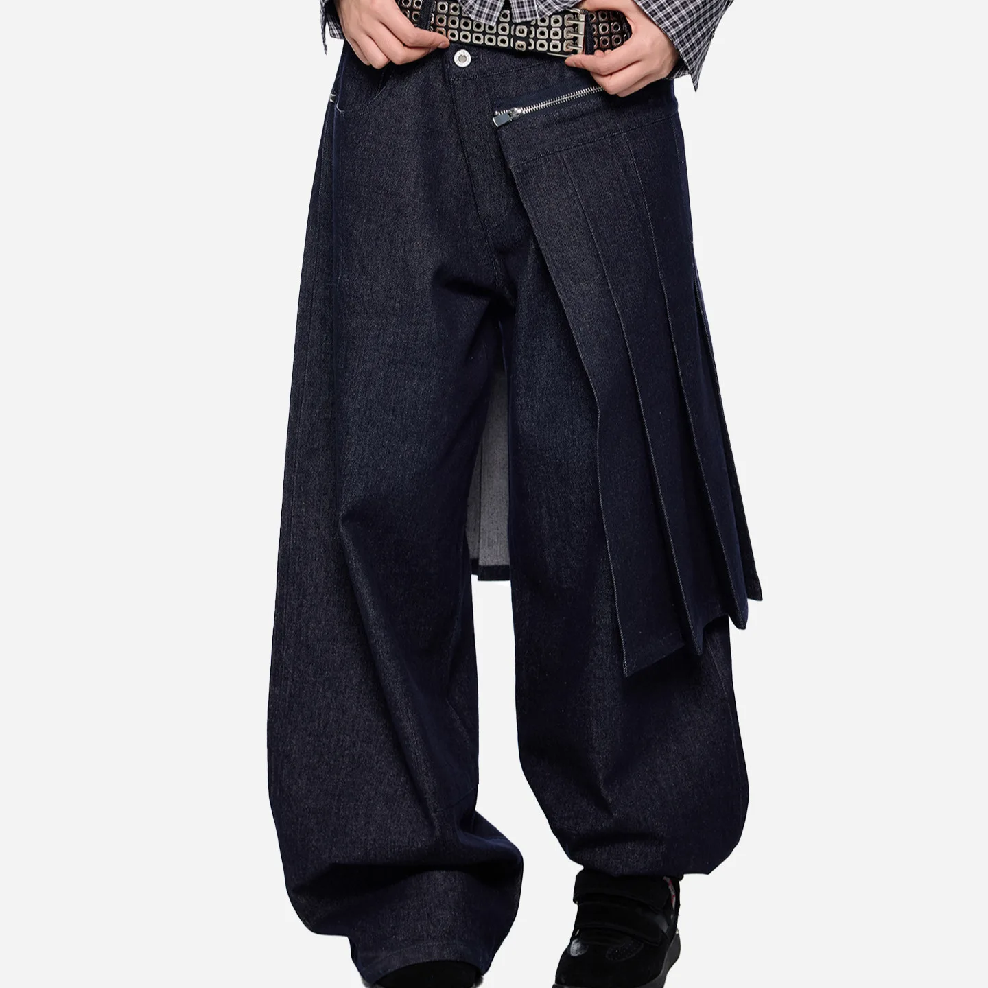 

SuperAen Retro Detachable Zipper Denim Pants for Women New Summer Design Patchwork Straight Pleated Skirts Pants