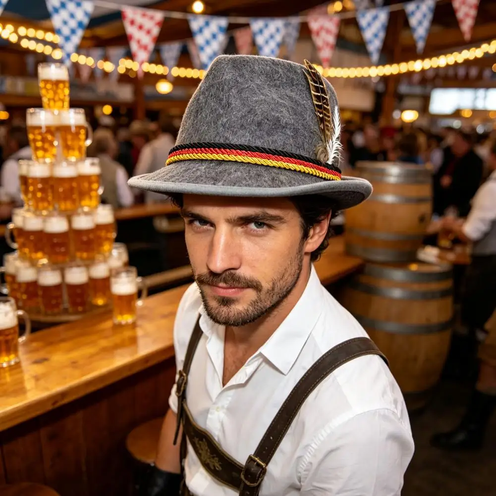 Holiday Gift for Beer Lovers Fedora Hat with Feather Accent Short Brim Vintage Hat Oktoberfest Costume Accessory for Halloween